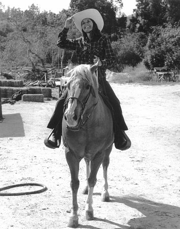 Lee Meriwether horseback riding c. 1975