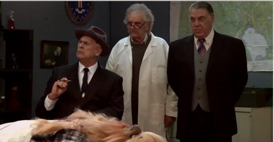 ED METZGER in FDR: AMERICAN BADASS. Ed Metzger as EINSTEIN (in middle). Barry Bostwick as FDR (in wheel chair). Bruce McGill as FDR's assistant (on right).
