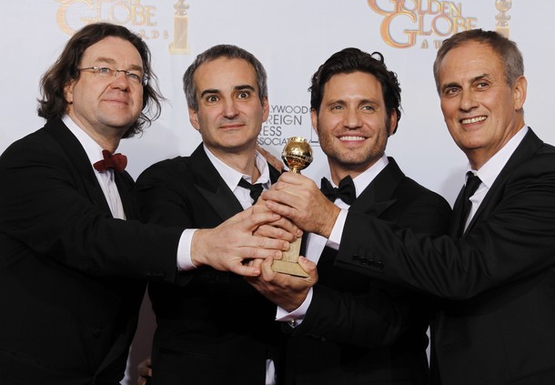 Jens Meurer, Olivier Assayas, Édgar Ramírez and Daniel Leconte with Golden Globe Award for 'Carlos'