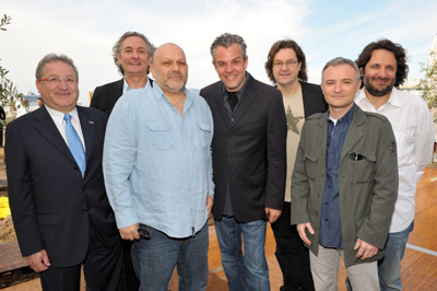 (L-R) Producer Leon Edery, producer Michael Sharfstein, director Eran Riklis, actor Danny Huston, producer Jens Meurer, producer Marc Missionnier and Oliver Delbosc attend the Danny Huston Press Breakfast held at the Moet Salon, Baoli Beach during the 63rd Annual International Cannes Film Festival on May 14, 2010 in Cannes, France. 63rd Annual Cannes Film Festival - Danny Huston Press Breakfast Moet Salon at the Baoli Beach Cannes, France May 14, 2010