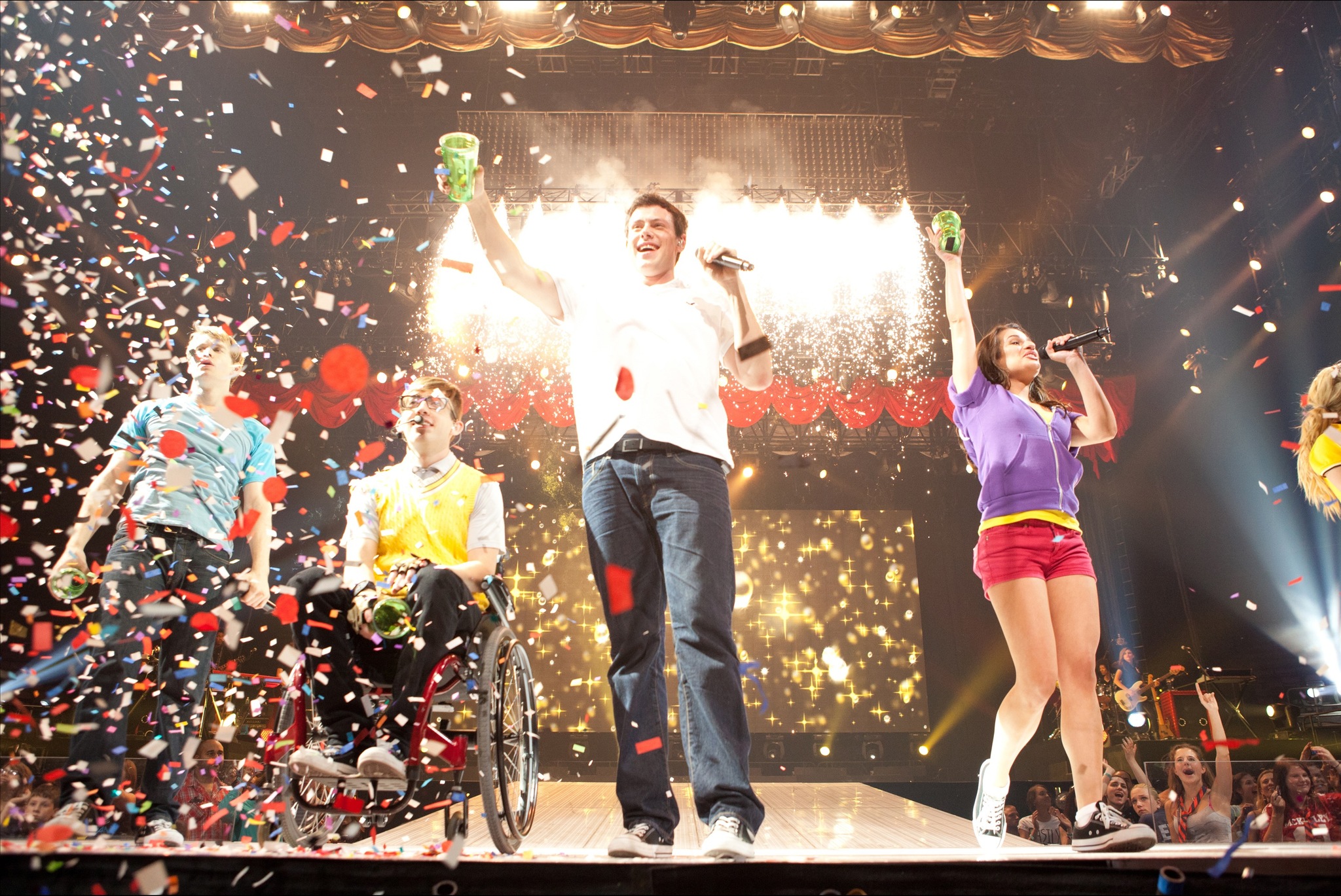 Still of Lea Michele, Cory Monteith and Kevin McHale in Glee: The 3D Concert Movie (2011)