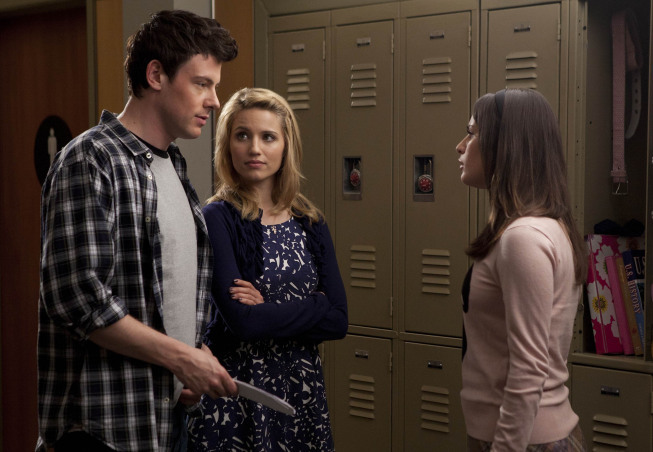 Still of Lea Michele, Cory Monteith and Dianna Agron in Glee (2009)