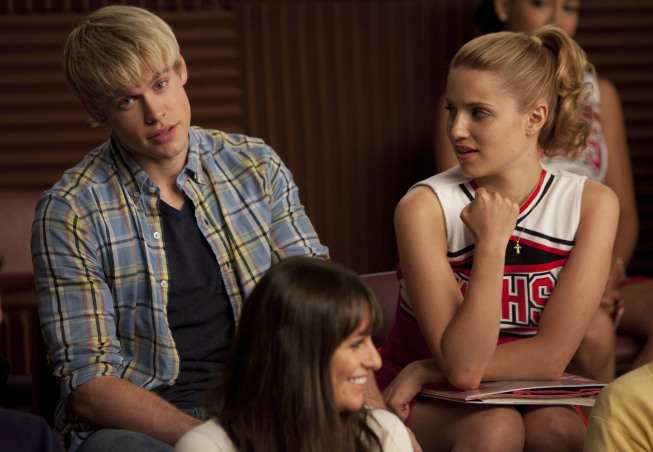 Still of Lea Michele, Dianna Agron and Chord Overstreet in Glee (2009)