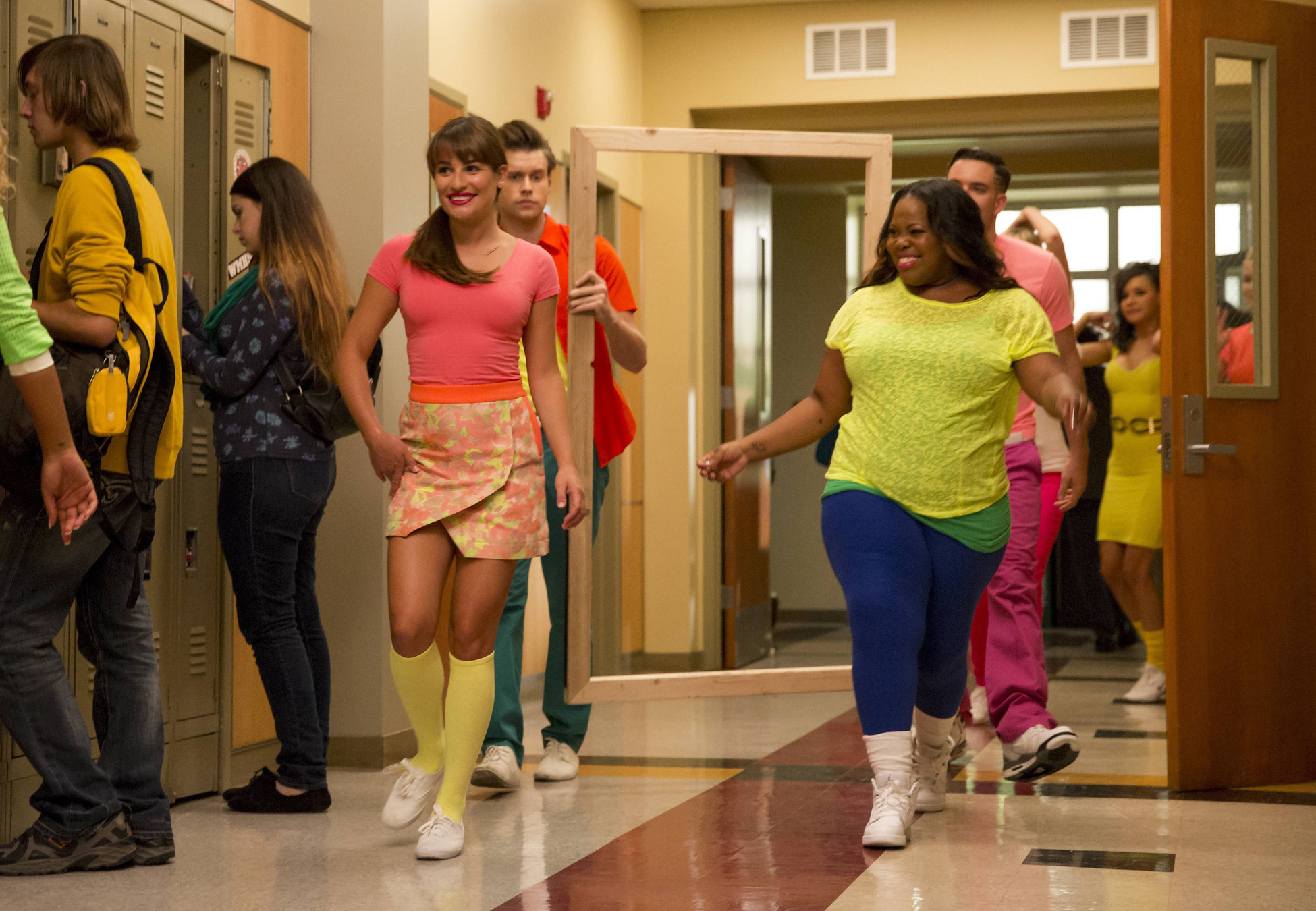Still of Lea Michele, Amber Riley and Chord Overstreet in Glee (2009)
