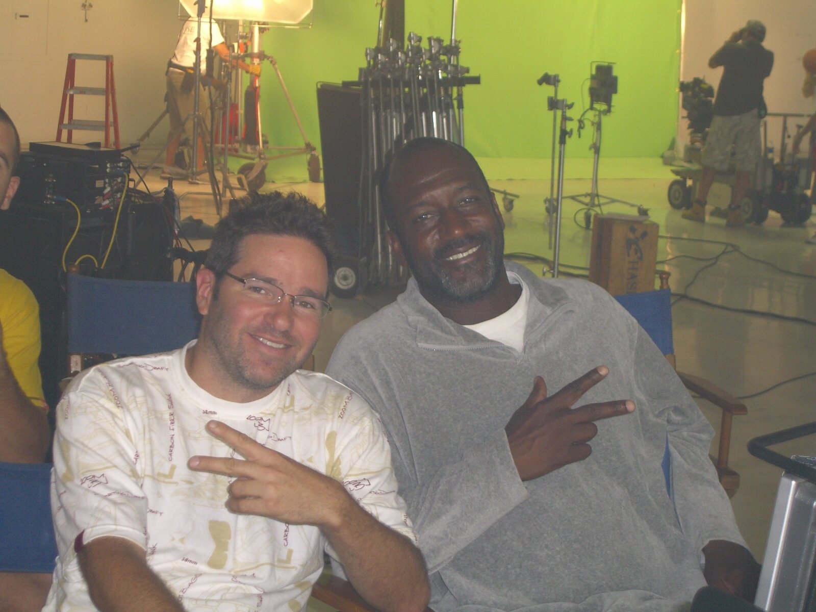 Director Dave Meyers cools out with Basketball tech.advisor Nigel Miguel on the set of their latest commercial
