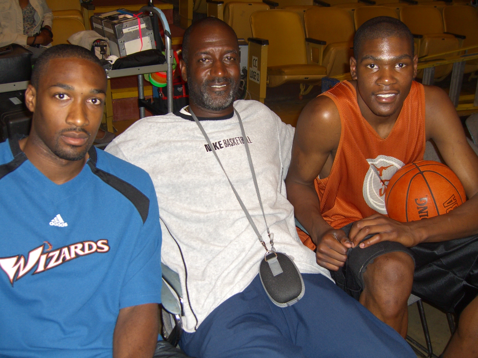 On the set of The EA Sports Commercial, Kevin Durant of the Super Sonics and All-Star Gilbert Arenas of The Wizards relax with Basketball Coordinator Nigel Miguel. This was Kevin's first commercial, one of many to come.
