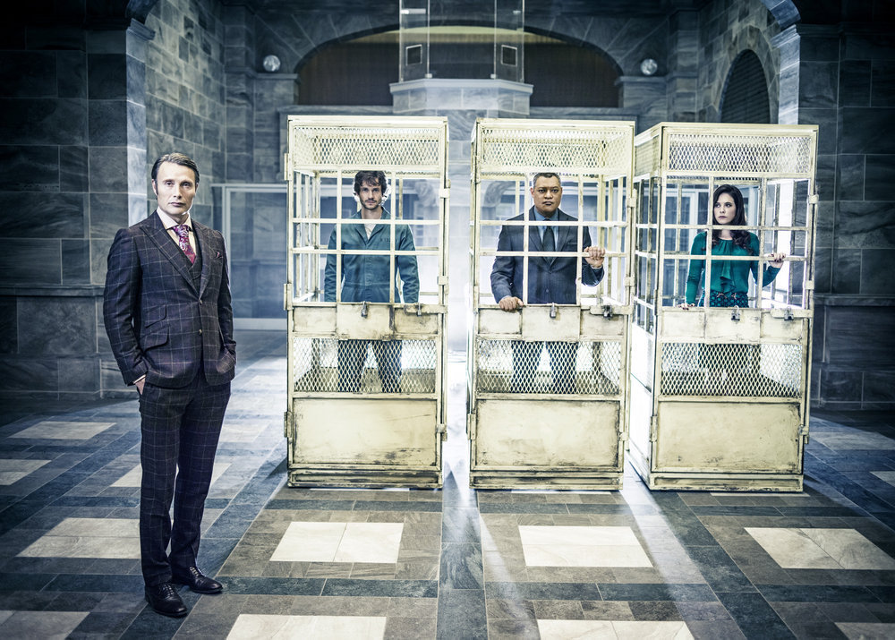 Still of Laurence Fishburne, Hugh Dancy, Caroline Dhavernas and Mads Mikkelsen in Hanibalas (2013)