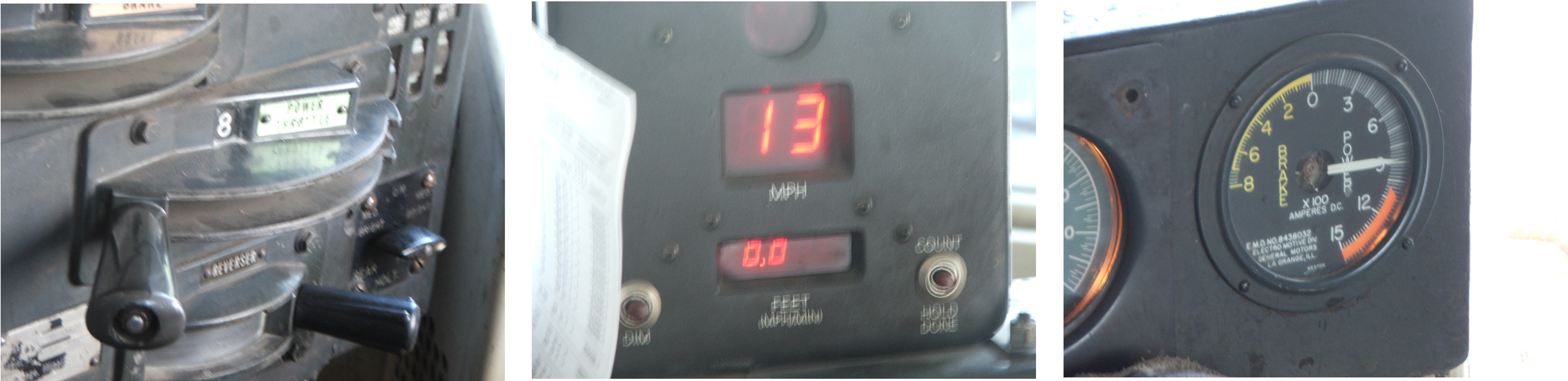 2006. Wheeling & Lake Erie Railway. Portrait of a railroad locomotive at work. Engineer's view of a locomotive control stand -- throttle in Run 8, making 13 mph, and pulling 950 amps. Moving 55 coke loads west from Mingo Junction, towards Brewster.