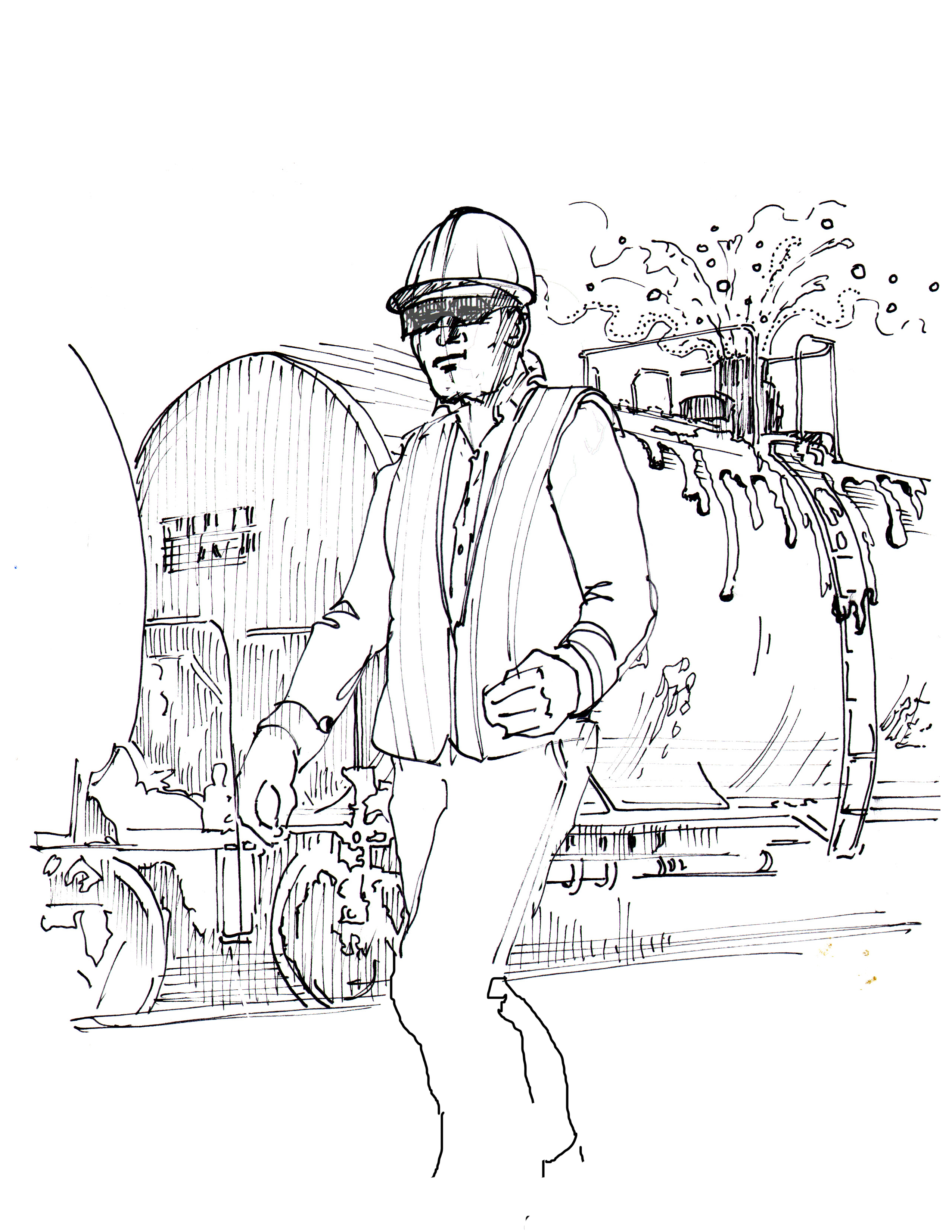 Artwork depicting unsafe situations, and events to avoid, frequently is used in IPH and production safety training. In this hazmat training illustration, an unobservant trainman ignores a hissing leaking tank car.