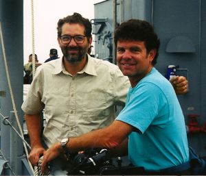 Executive Producer Michael Rosenfeld (NGT) and Mills aboard the U.S.S. Pearl Harbor during filming of two hour documentary.