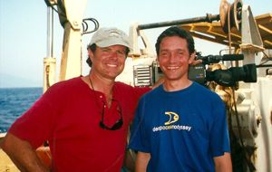 Mills and Fabian Cousteau during production in the Med.