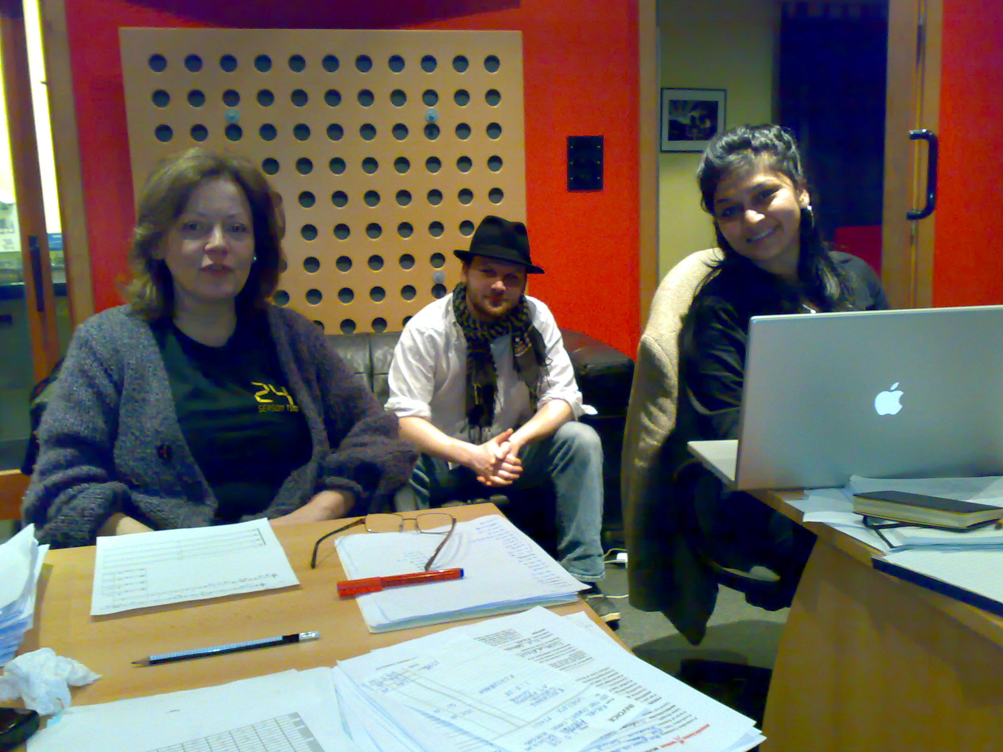 Deborah Mollison, Roland Heap, Sona Jain in recording session of 