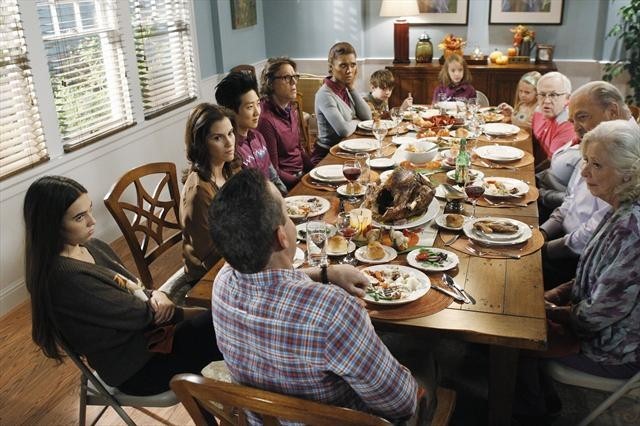 Still of Jami Gertz, Stacy Keach, Leslie Jordan, Debra Mooney, Simon Templeman, Lenny Venito, Toks Olagundoye, Clara Mamet, Max Charles, Tim Jo and Isabella Crovetti-Cramp in The Neighbors (2012)