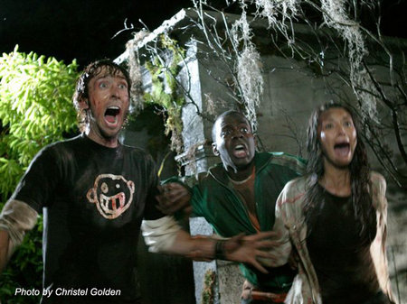 JOEL MOORE, DEON RICHMOND and TAMARA FELDMAN in Hatchet.