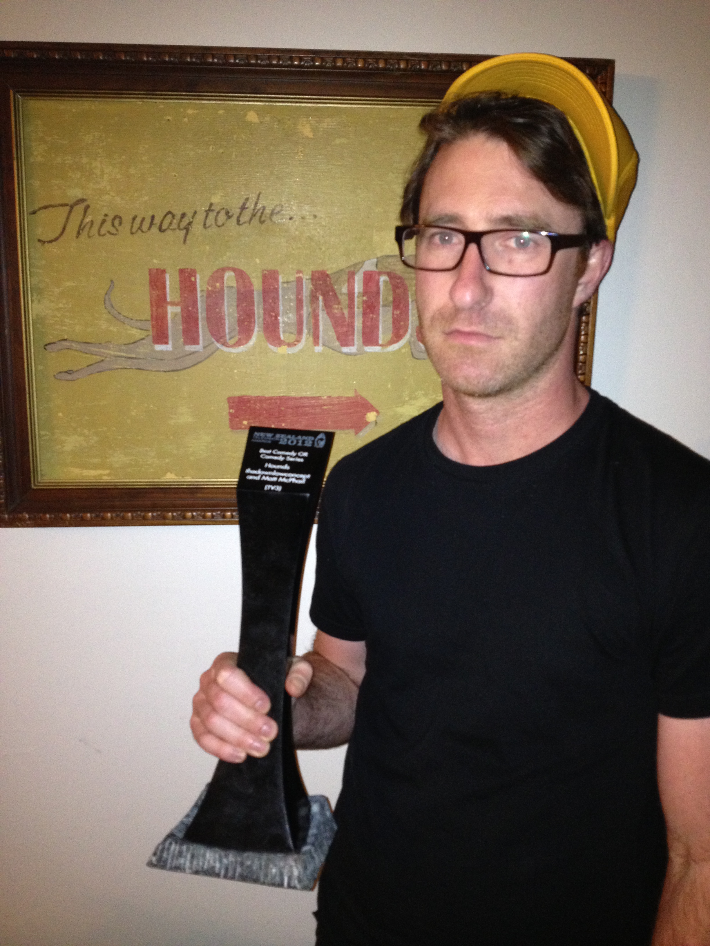 Pictured with the 'Best comedy' award for Hounds after the 2012 New Zealand television awards