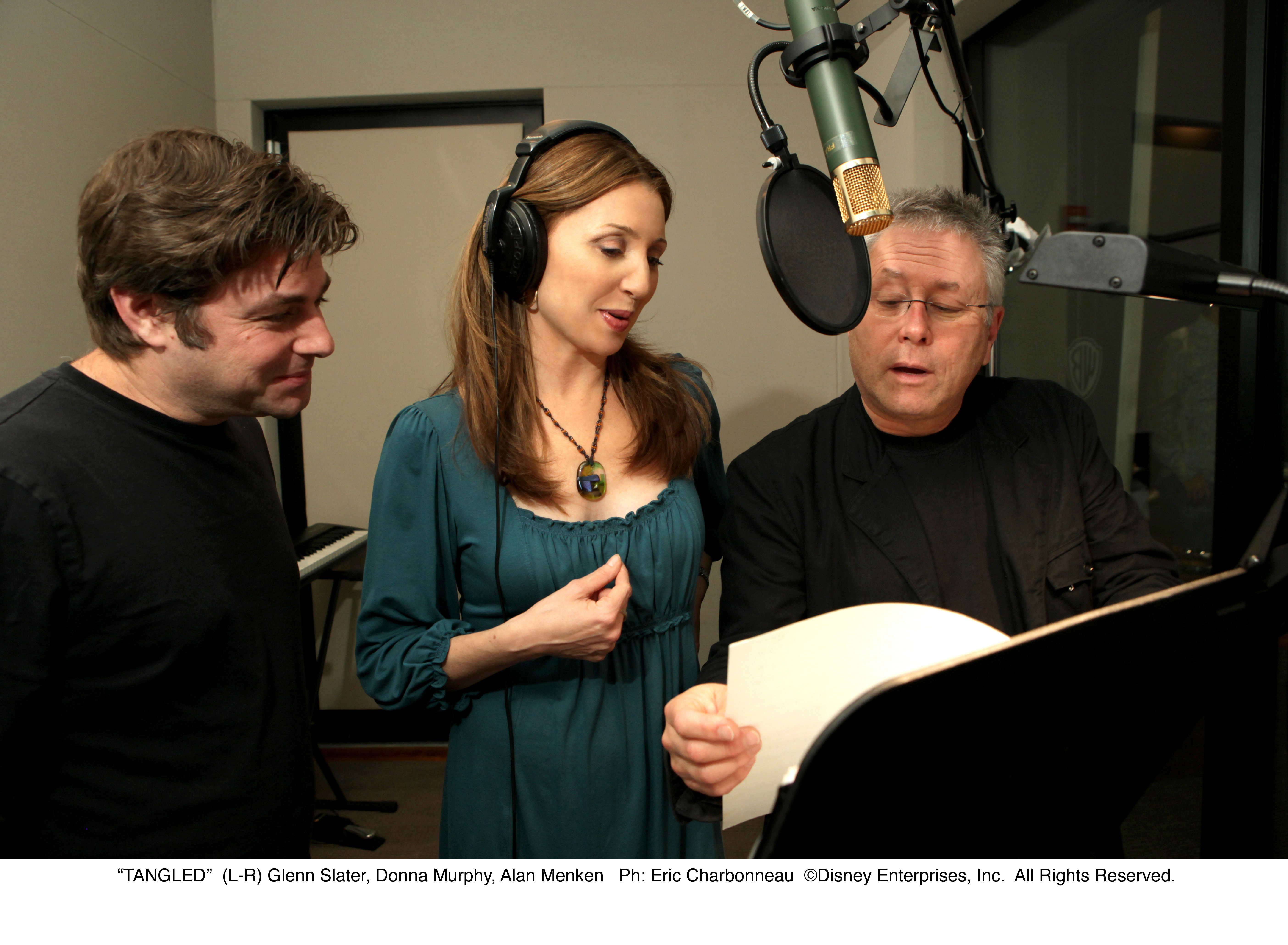 Donna Murphy in the recording studio with Glenn Slater and Alan Menken.