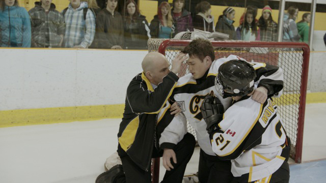 Duane Murray as Coach Andre with Connor Jessup and Matthew Knight in Skating To New York.