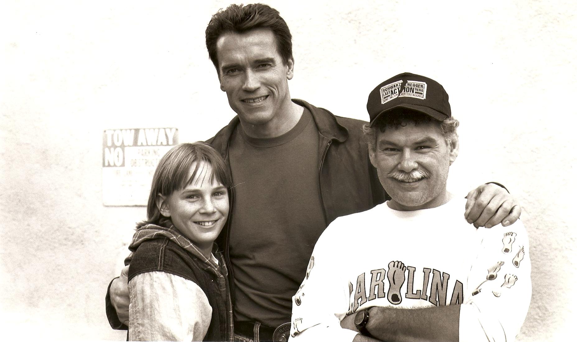 Mike Muscat with Arnold Schwarzenegger and Austin O'Brien on the set of Last Action Hero.