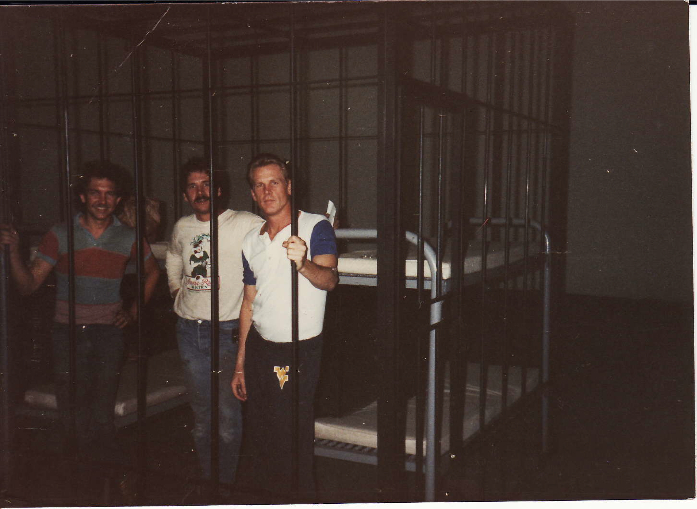 Nick Nolte posed with us in this collapsible jail cell we built for the movie Weeds, in which he starred. That's me on the left.