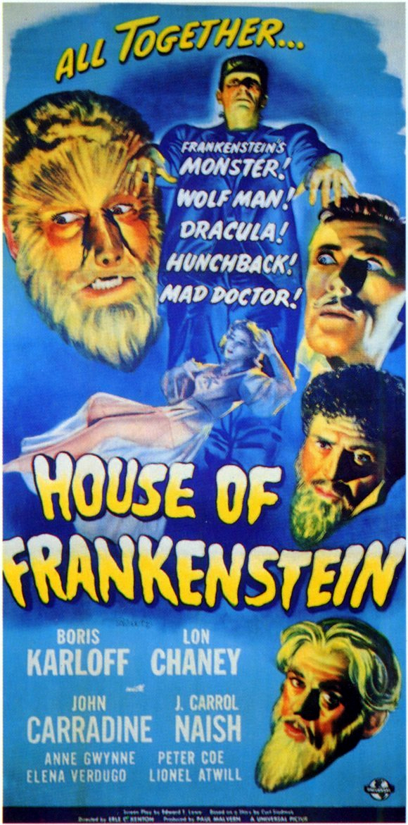 Boris Karloff, John Carradine, Lon Chaney Jr. and J. Carrol Naish in House of Frankenstein (1944)