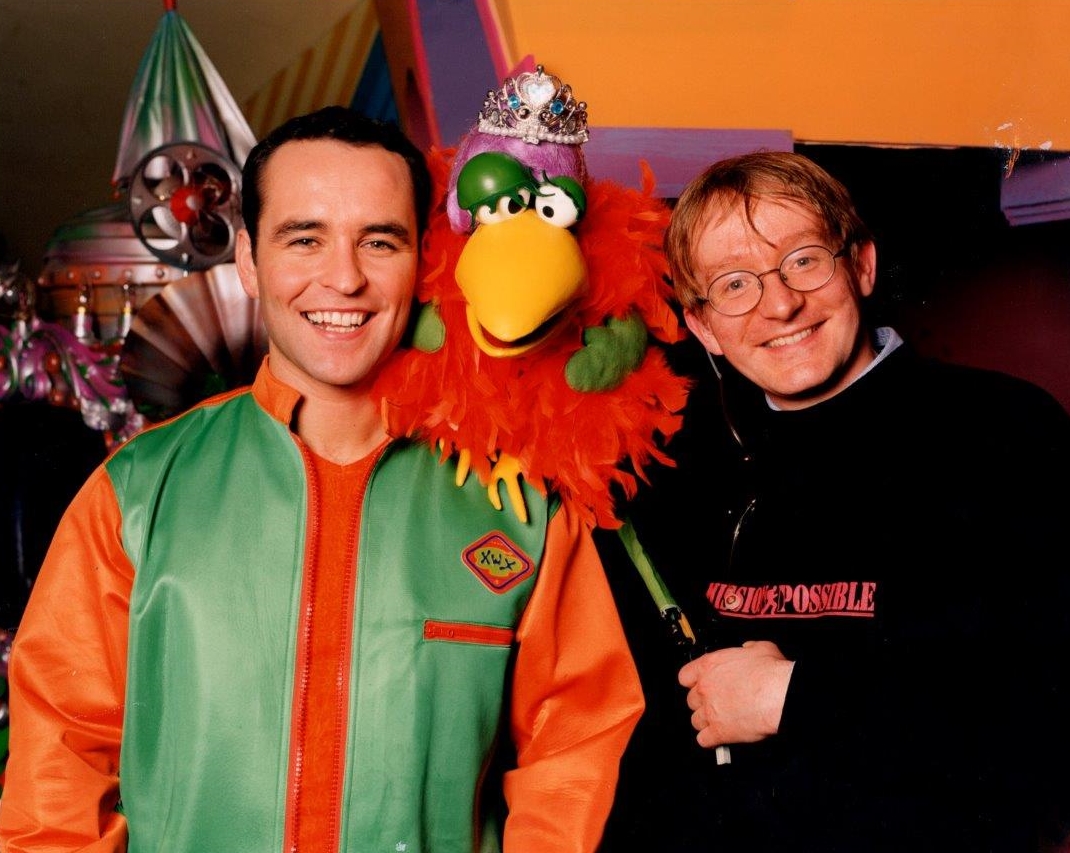 Steve Nallon, puppeteer on set of CRAZY COTTAGE with TV presenter Jez Edwards.