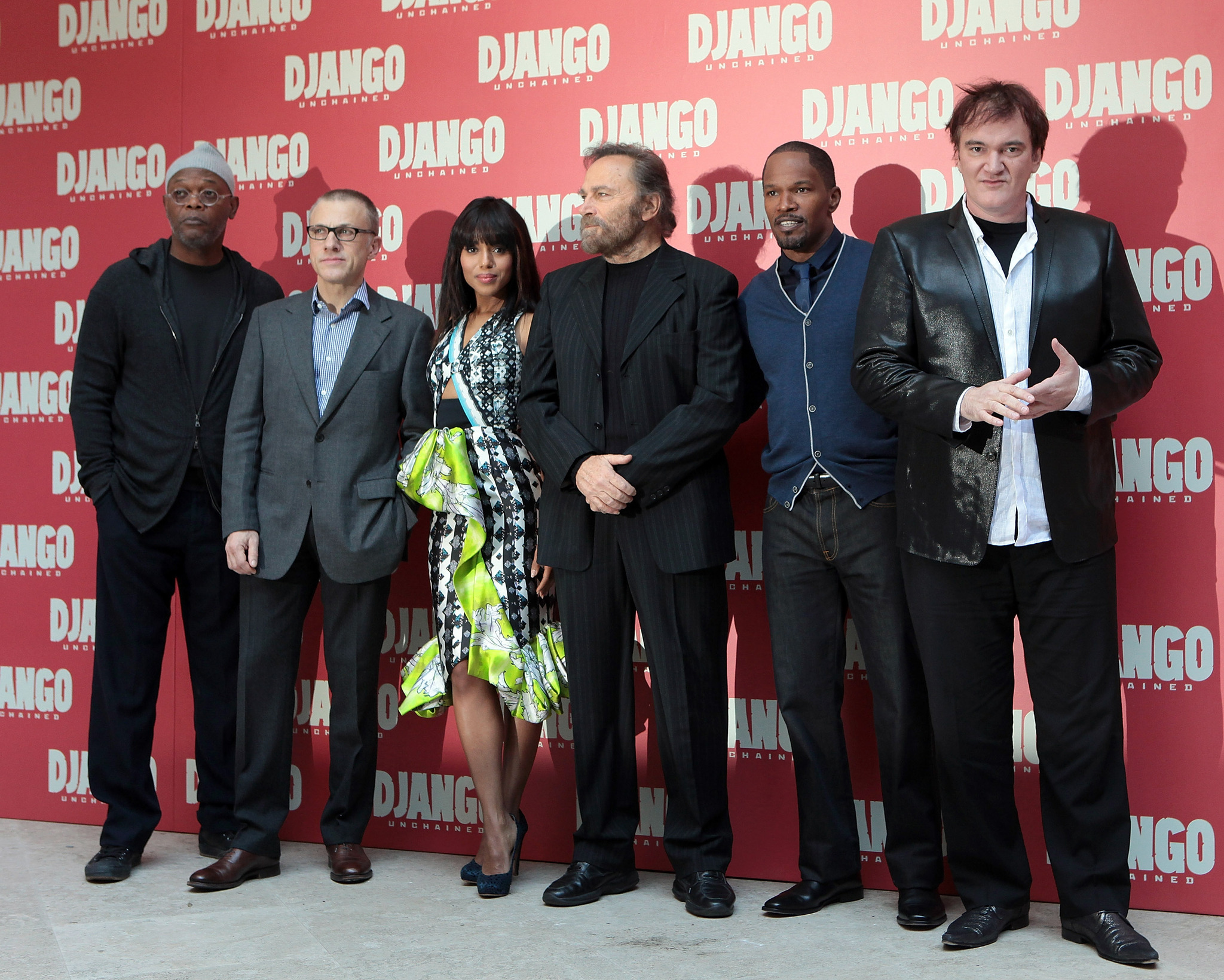 Samuel L. Jackson, Quentin Tarantino, Jamie Foxx, Franco Nero, Christoph Waltz and Kerry Washington at event of Istrukes Dzango (2012)