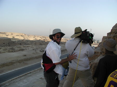 Producer Rick Ojeda, DP Evan Nesbitt and Director David Raynr carefully clutch to the side of the Great Pyramid of Egypt.