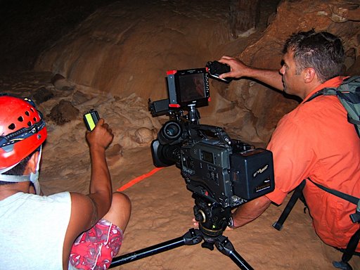 Filming in 'The Cave of the Crystal Maiden' with Dr. Jaime Awe in Belize, Central America.