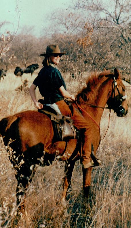 Writer and artist Sophie Neville riding on a game reserve in the Waterberg South Africa