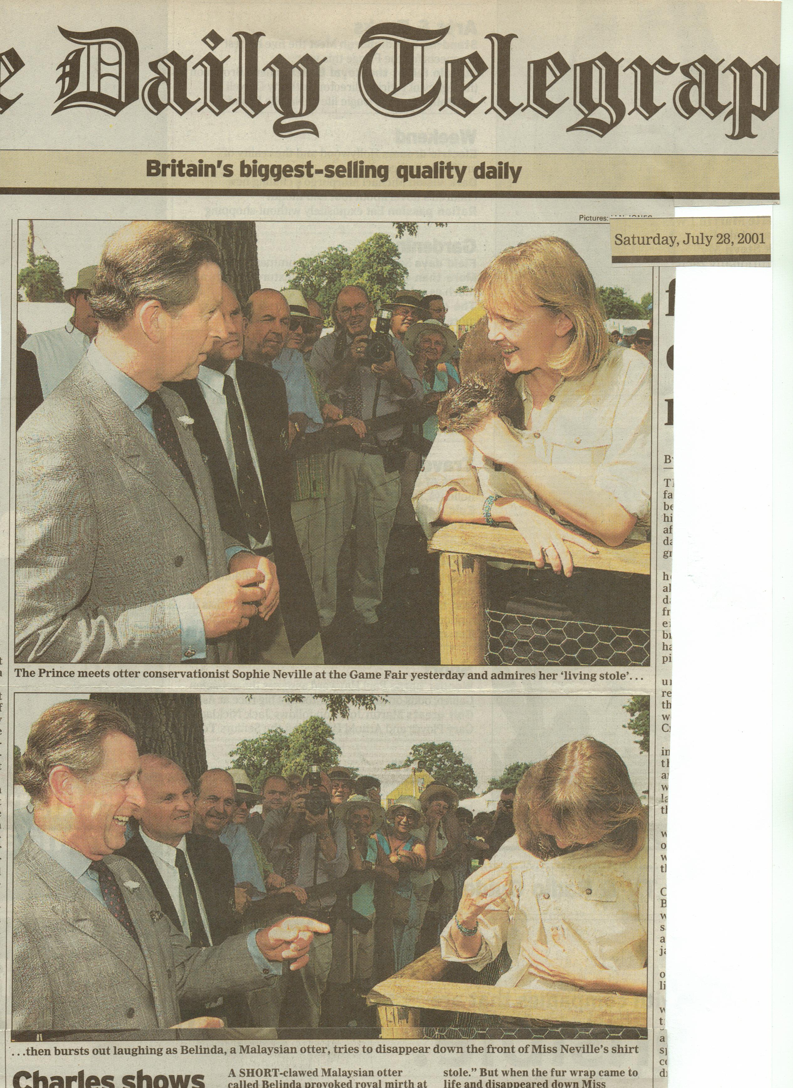 Sophie Neville appearing on the front of The Daily Telegraph with the Prince of Wales and her tame otter