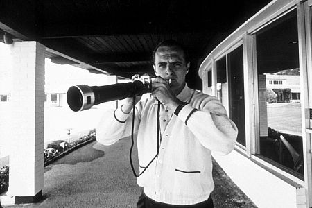 Bob Newhart with Sid Avery's Nikon camera, 1961.