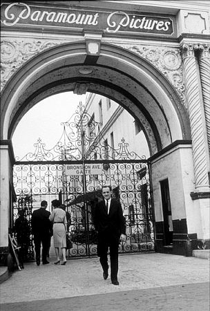 Bob Newhart in front of the Bronson Gate at Paramount Studios, 1961.