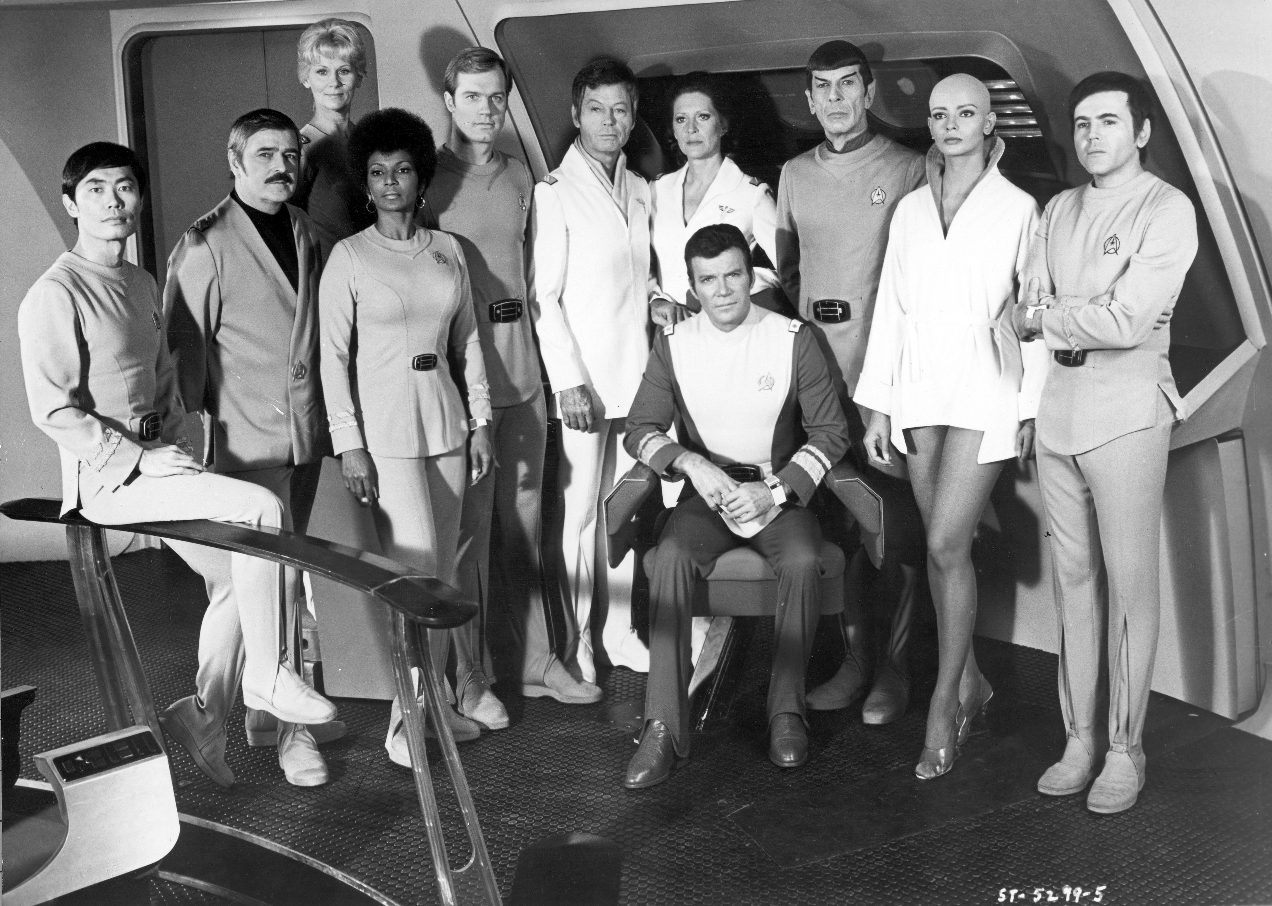 Still of Walter Koenig, Leonard Nimoy, William Shatner, Majel Barrett, James Doohan, DeForest Kelley, Persis Khambatta, George Takei, Stephen Collins, Nichelle Nichols and Grace Lee Whitney in Star Trek: The Motion Picture (1979)