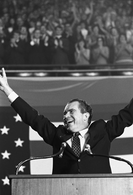 Richard Nixon giving a speech at the Anaheim Convention Center