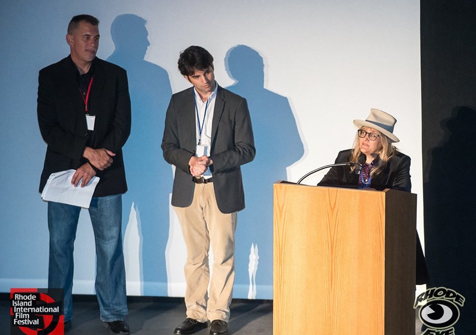 On stage opening night Rhode Island International Film Festival remarks by director/producer Michele Noble about her film, Journey 4 Artists and her mentor, Theodore Bikel, recipient of 2014 RIIFF Lifetime Achievement Award