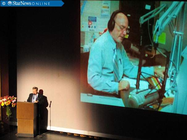Patt Noday: (bottom left) seen on-stage at the historic Thalian Hall Center for the Performing Arts in Wilmington, NC emceeing the special memorial service for the late Radio, TV, and Theater icon Donn Ansell (pictured).