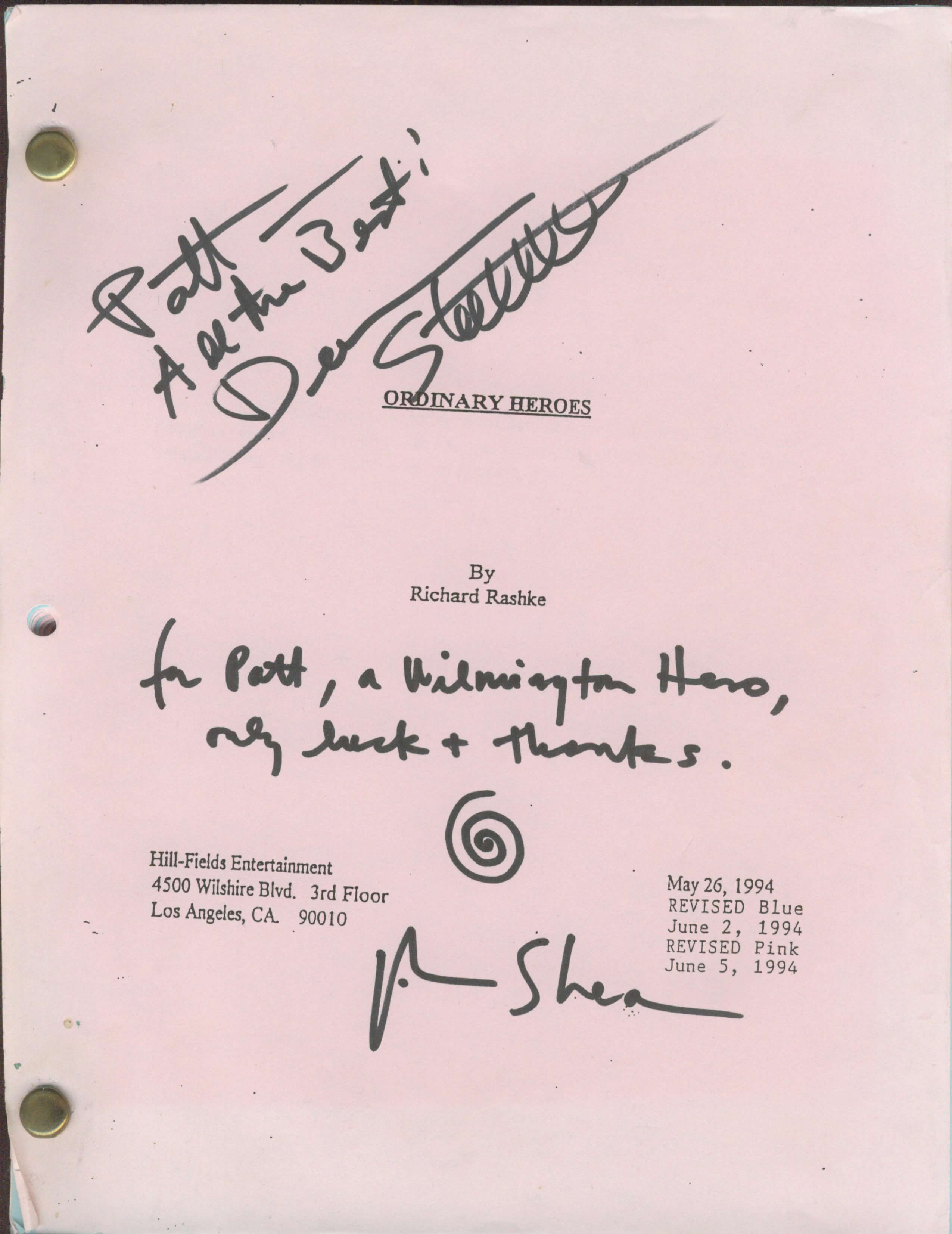 ORDINARY HEROES;JUSTICE IN A SMALL TOWN: Patt Noday: signed script cover from the NBC Movie of the Week co-starring Dean Stockwell, John Shea, Kate Jackson, Patt Noday, and more!