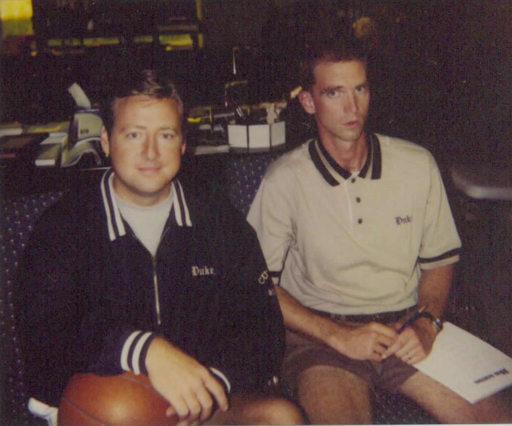 PATT NODAY: (at left, with Rick Forrester) while filming on-location at DUKE University in Durham, NC inside Coach K's actual office for ESPN's popular 
