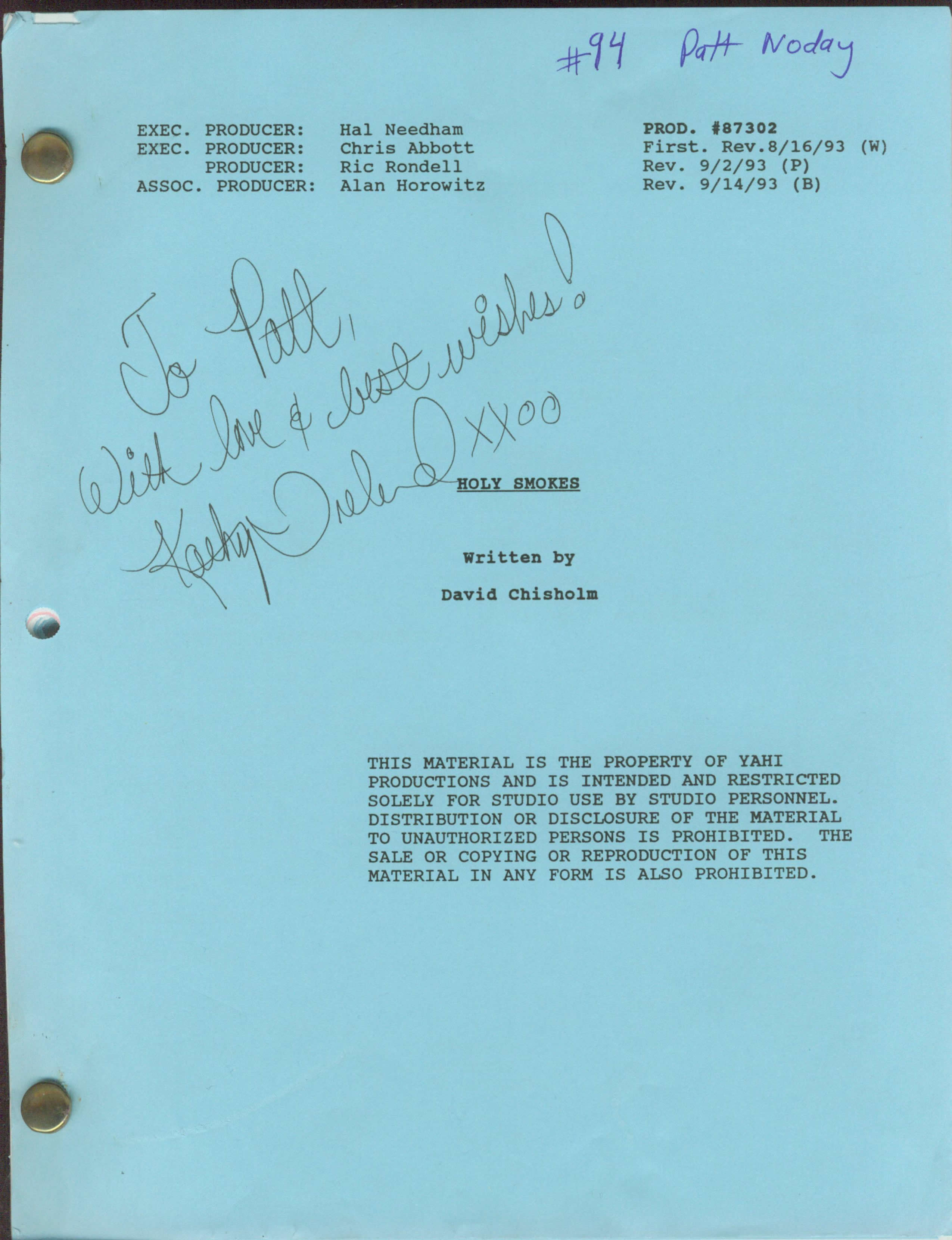 HOLY SMOKES; BEAUTY AND THE BANDIT: Patt Noday: signed script cover for Hal Needham's 