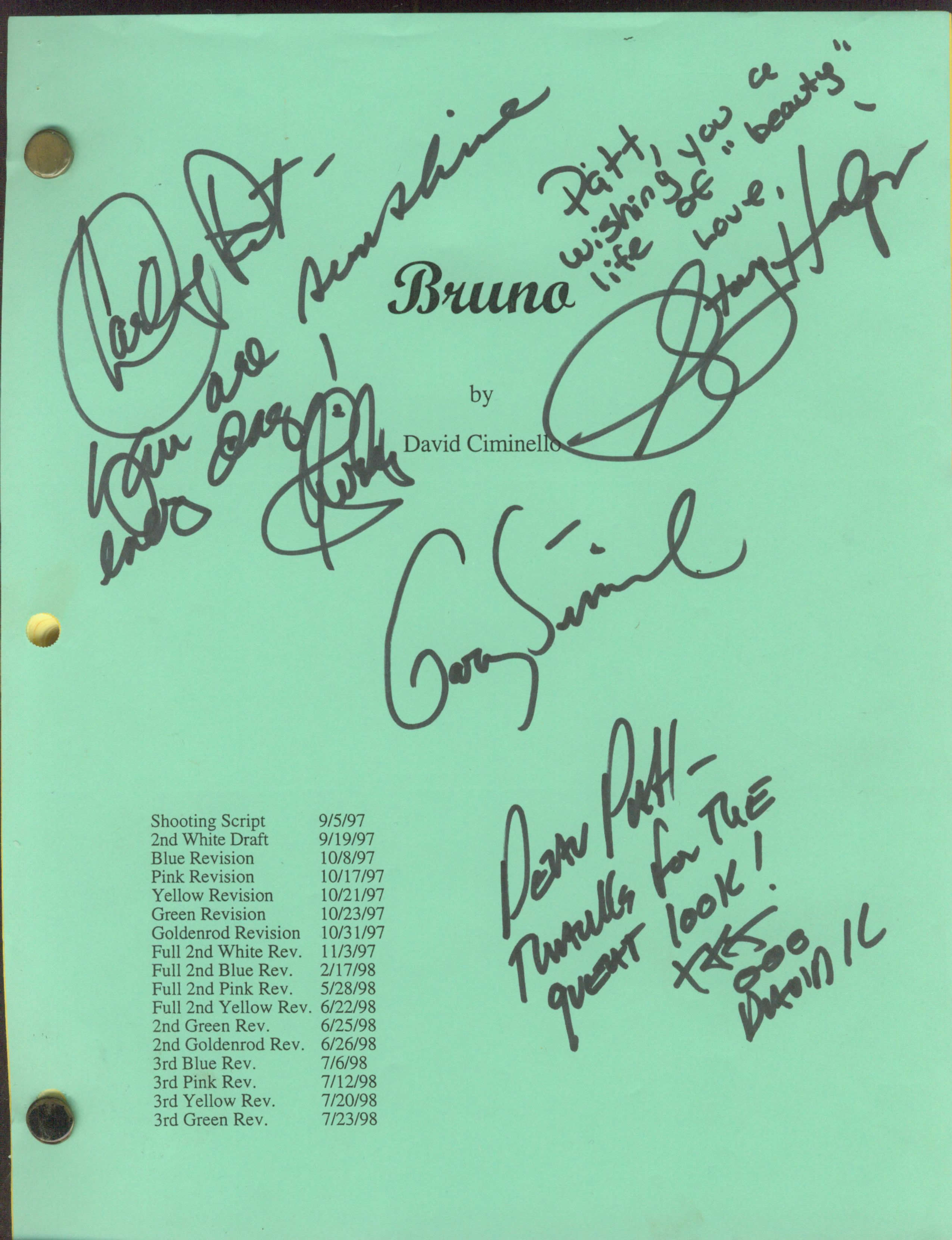 BRUNO / THE DRESS CODE: Signed script cover to Patt Noday from Director and Co-Star Shirley MacLaine, Gary Sinise, Stacy Halprin, and more.