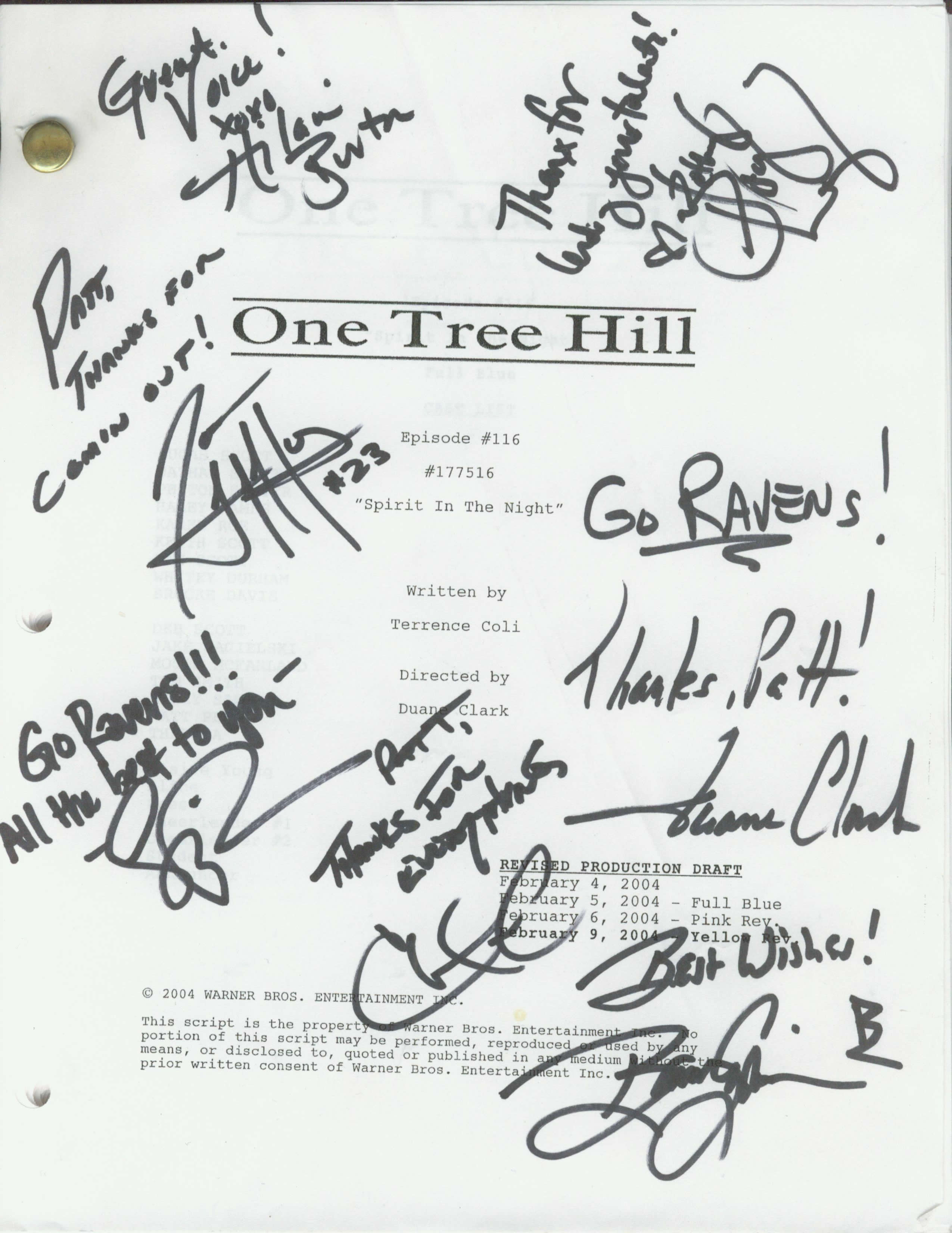 ONE TREE HILL: Patt Noday: signed script cover from the CW Network's popular TV series, 