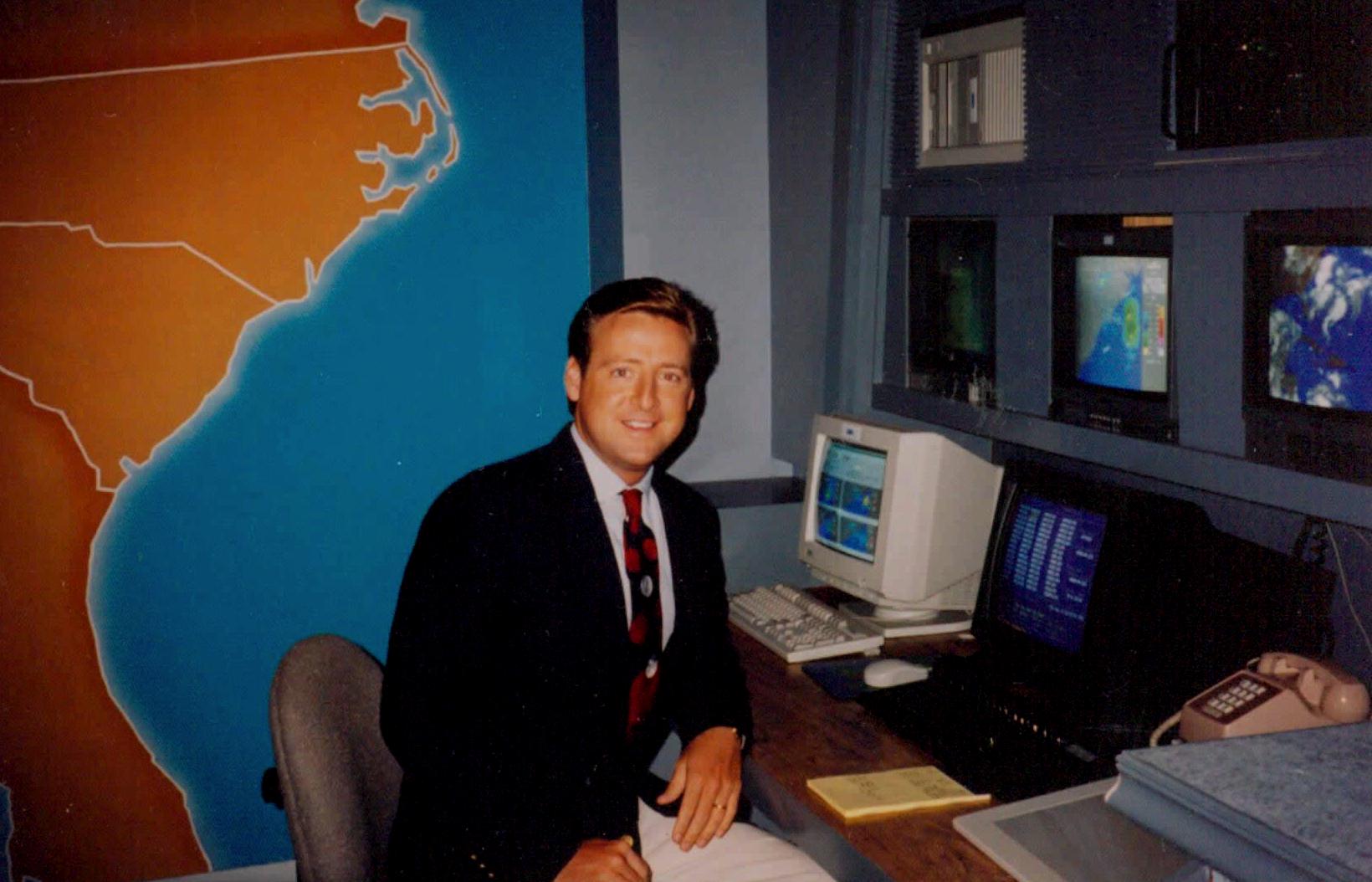 PATT NODAY: on-set preparing for a live newscast as a popular TV Weatherman throughout the 90's for CBS and then ABC Television affiliates.
