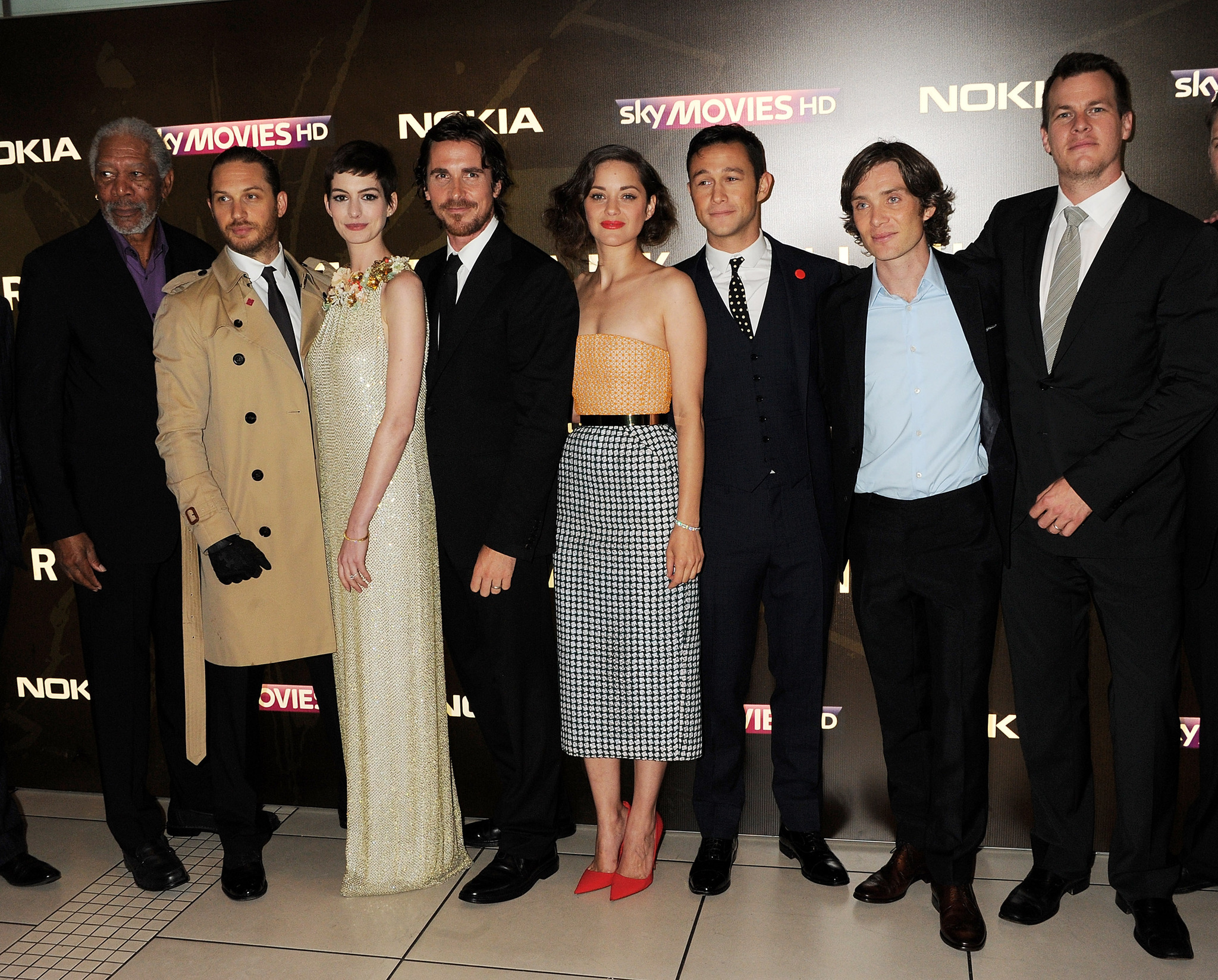 Morgan Freeman, Christian Bale, Anne Hathaway, Joseph Gordon-Levitt, Tom Hardy, Cillian Murphy and Jonathan Nolan at event of Tamsos riterio sugrizimas (2012)