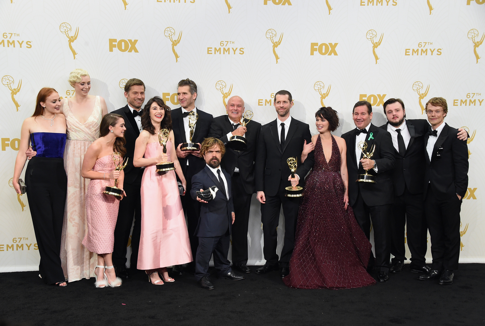 Nikolaj Coster-Waldau, Peter Dinklage, Lena Headey, Conleth Hill, Carice van Houten, David Nutter, Alfie Allen, David Benioff, Maisie Williams, Gwendoline Christie and Sophie Turner at event of The 67th Primetime Emmy Awards (2015)