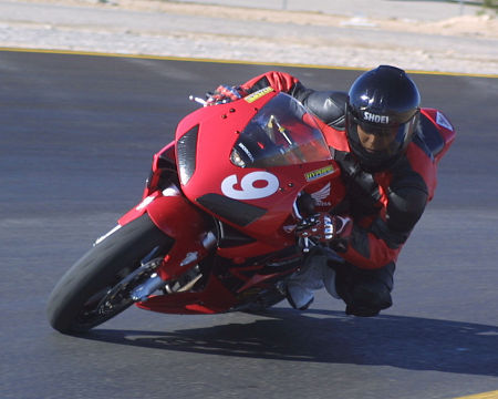 Gloria riding at Las Vegas Speedway, 2003