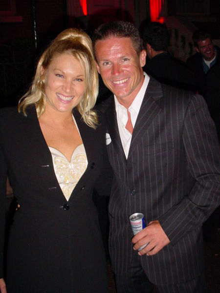 Gloria at 2003 World Stunt Awards with Fritz Baumgarten, world famous base jumper/skydiver, who performed a race with a plane for the 2003 World Stunt Awards.