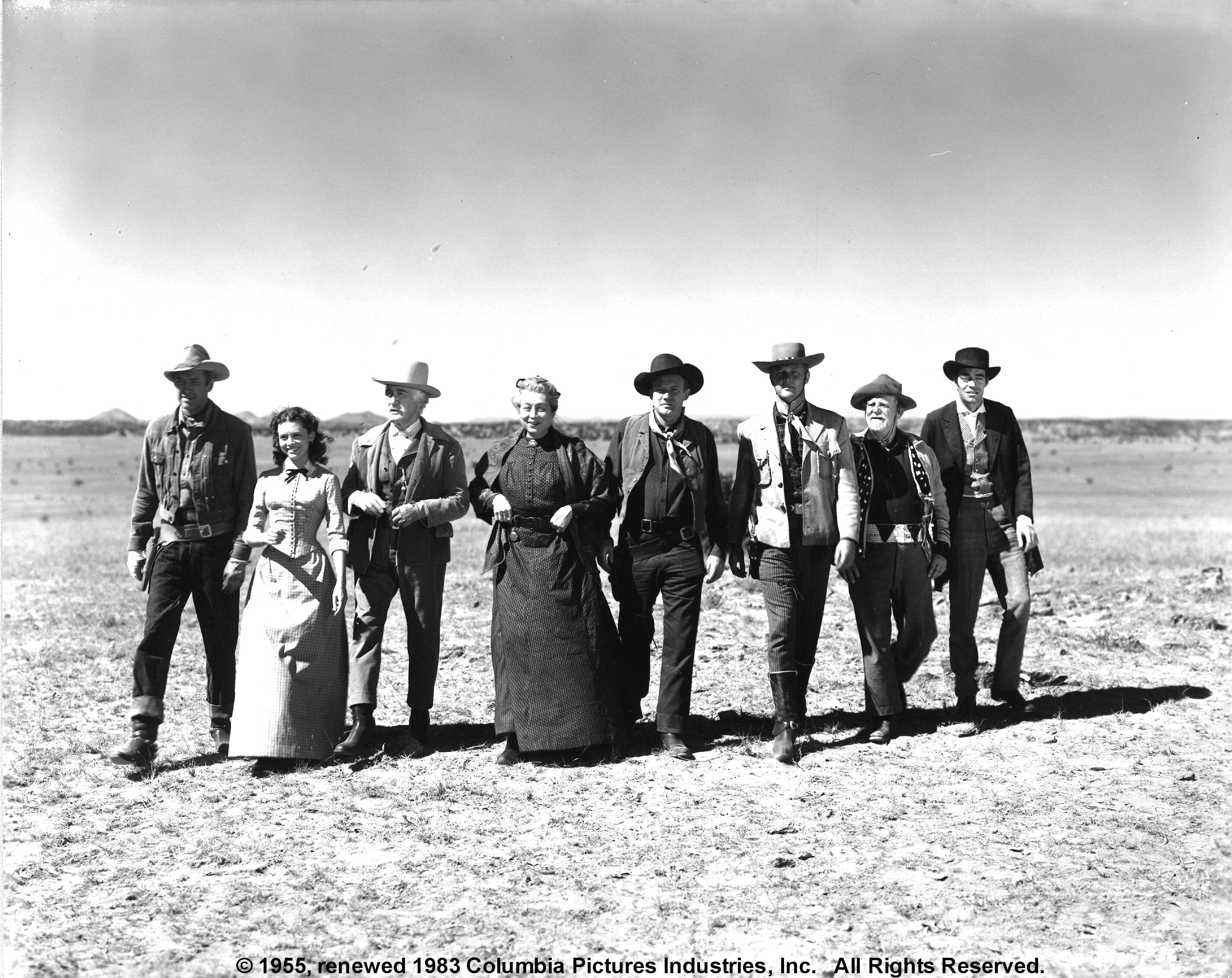 Still of James Stewart, Donald Crisp, Wallace Ford, Aline MacMahon and Cathy O'Donnell in The Man from Laramie (1955)