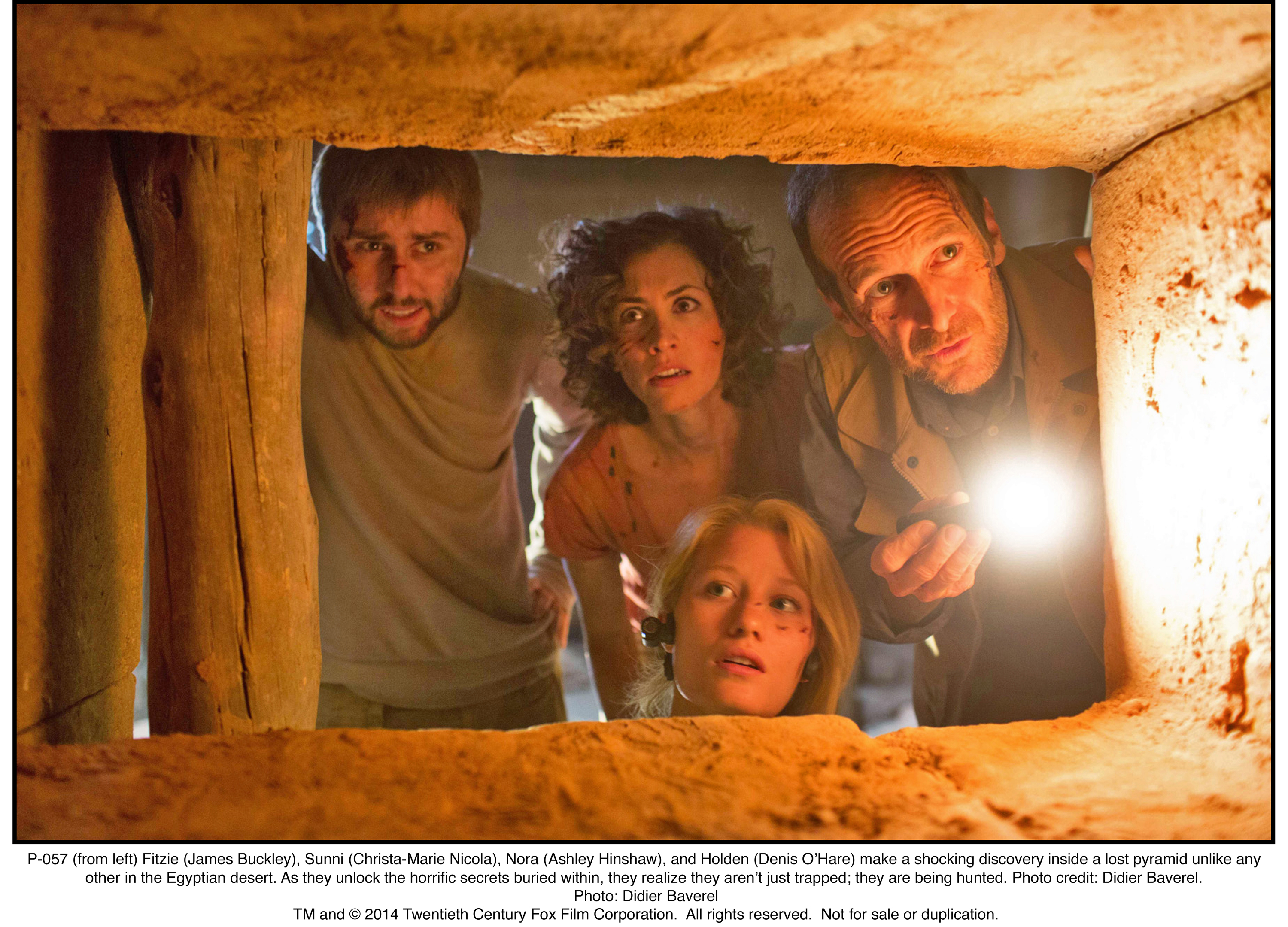 Still of James Buckley, Denis O'Hare, Christa Nicola and Ashley Hinshaw in The Pyramid (2014)