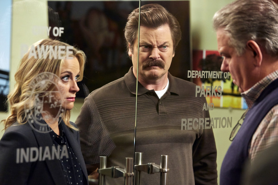 Still of Jim O'Heir, Nick Offerman and Amy Poehler in Parks and Recreation (2009)
