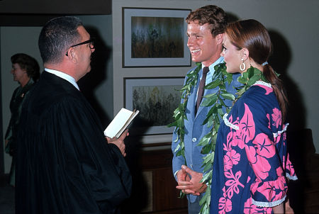 Ryan O'Neal with wife Leigh Taylor Young on their wedding day in Maui, 1966